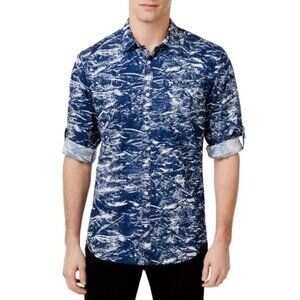 INC Men's 100% Cotton Long Sleeve Button-Down Shirt M Blue Splatter Waves
